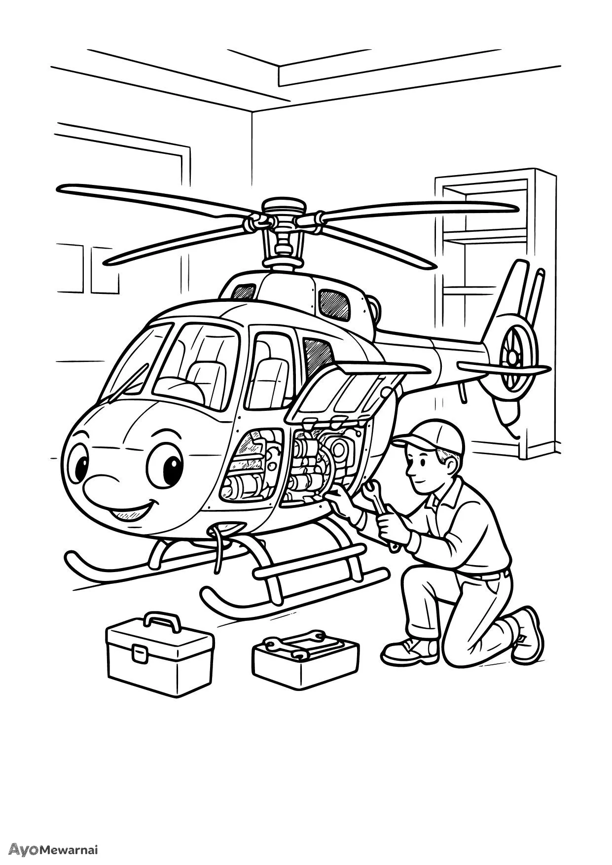 Gambar Mewarnai Helikopter di Bengkel