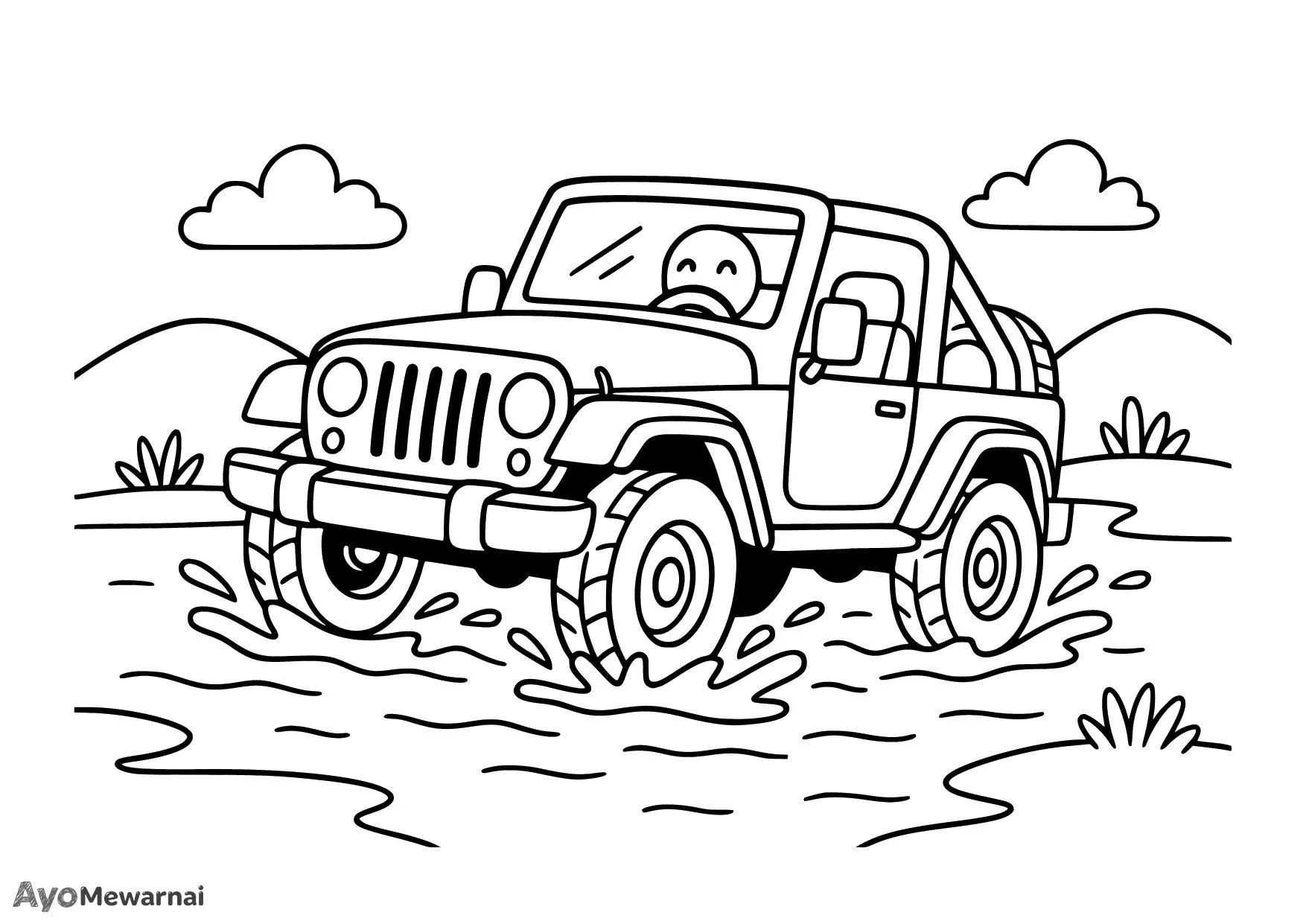 Gambar Mewarnai Jeep Melewati Sungai