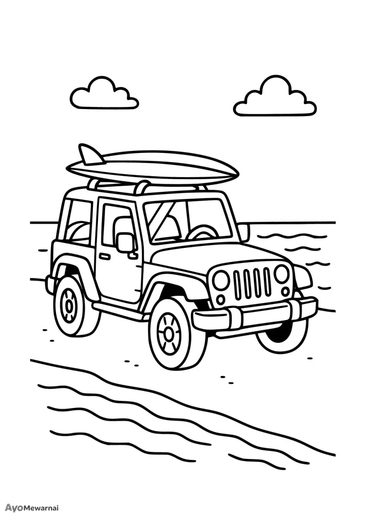 Gambar Mewarnai Jeep Mengangkut Papan Selancar