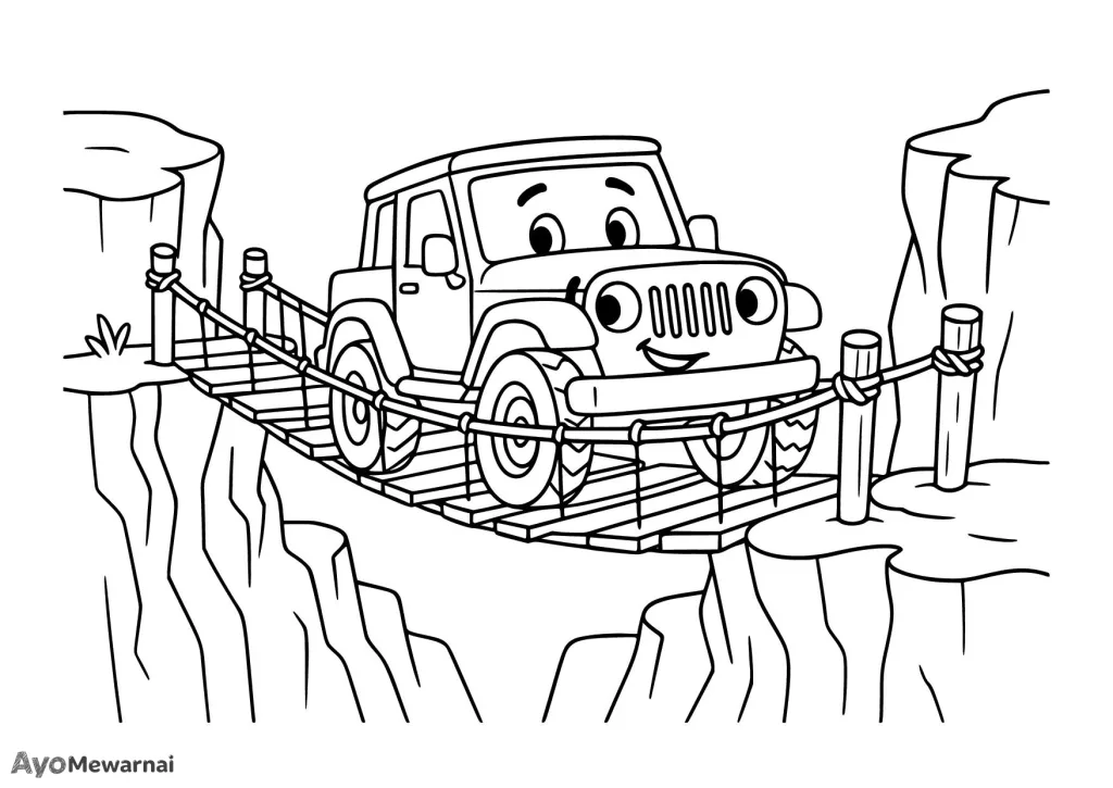 Gambar Mewarnai Jeep Menyeberangi Jembatan Tali