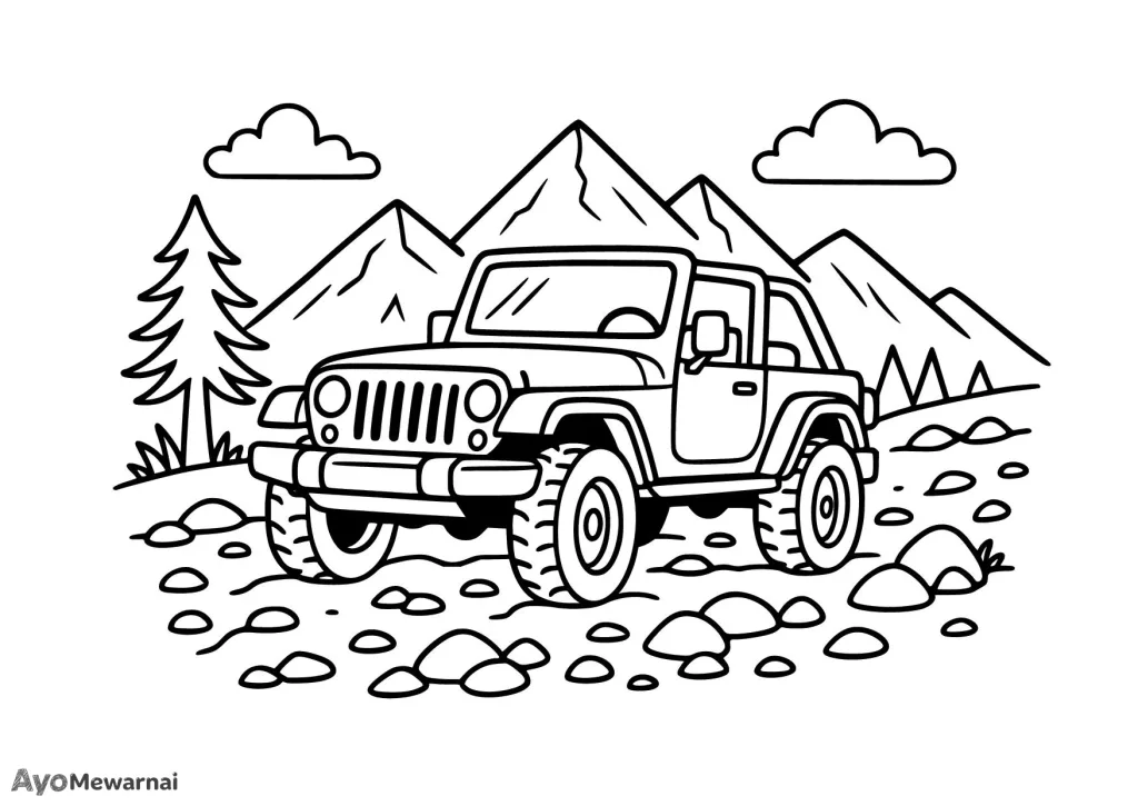 Gambar Mewarnai Jeep di Jalan Berbatu