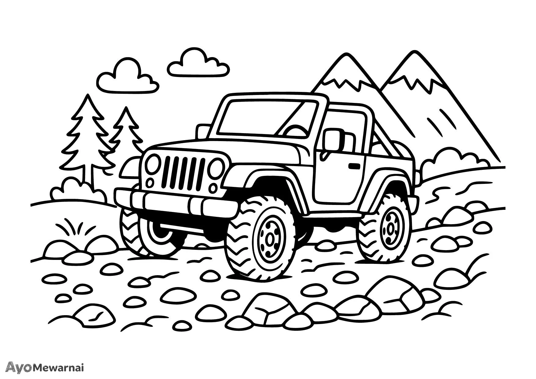 Gambar Mewarnai Jeep di Jalan Berbatu dengan Pemabndagan Gunung