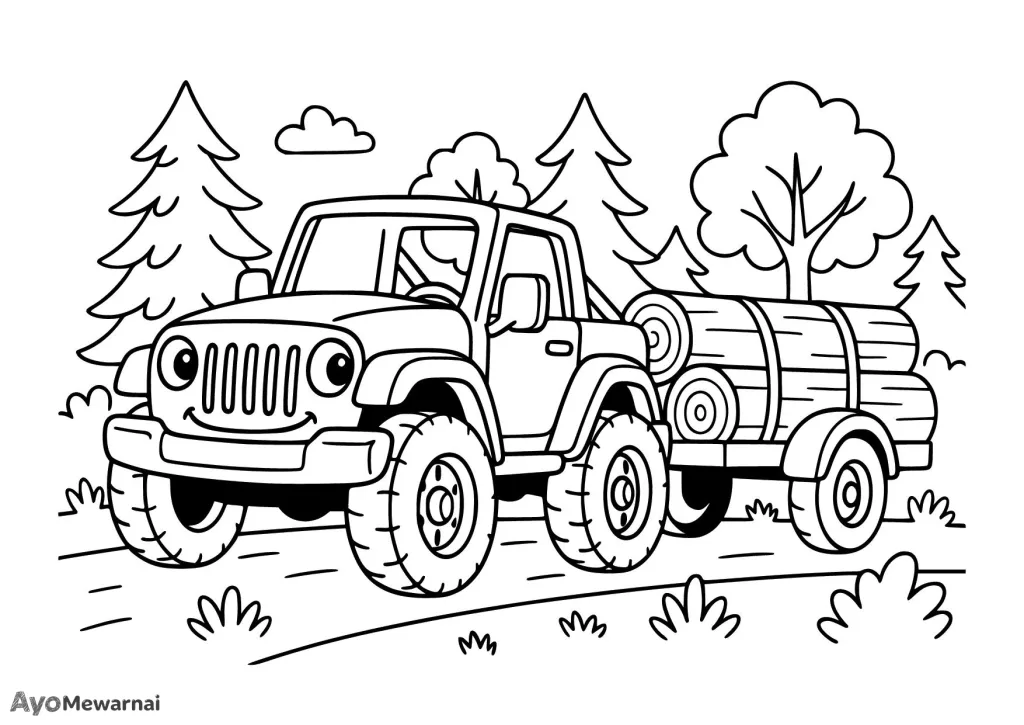 Gambar Mewarnai Mobil Jeep Mengangkut Kayu