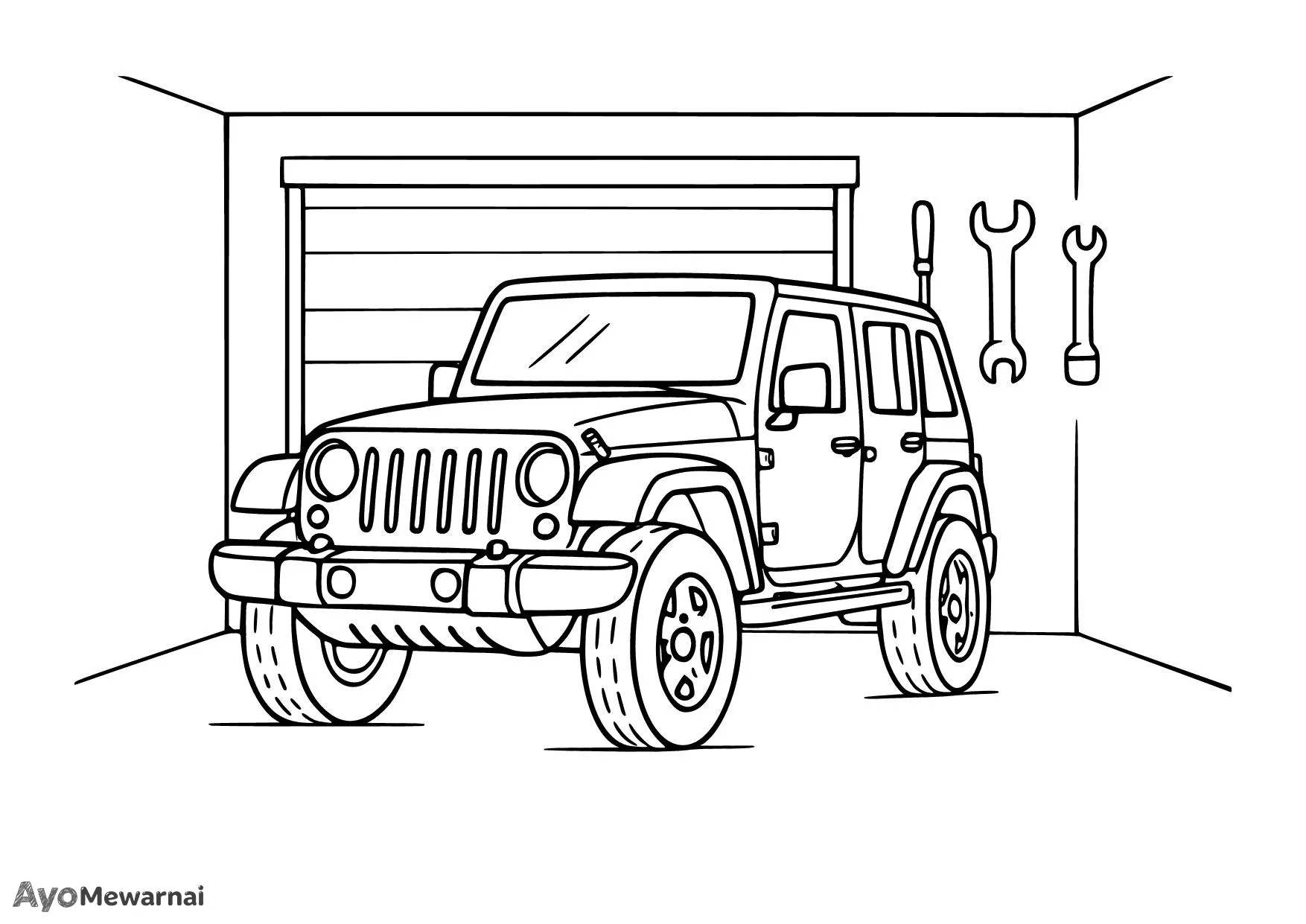 Gambar Mewarnai Mobil Jeep di Garasi