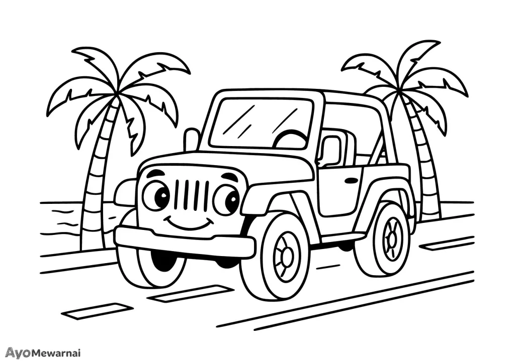 Gambar Mewarnai Mobil Jeep di Jalan Pantai