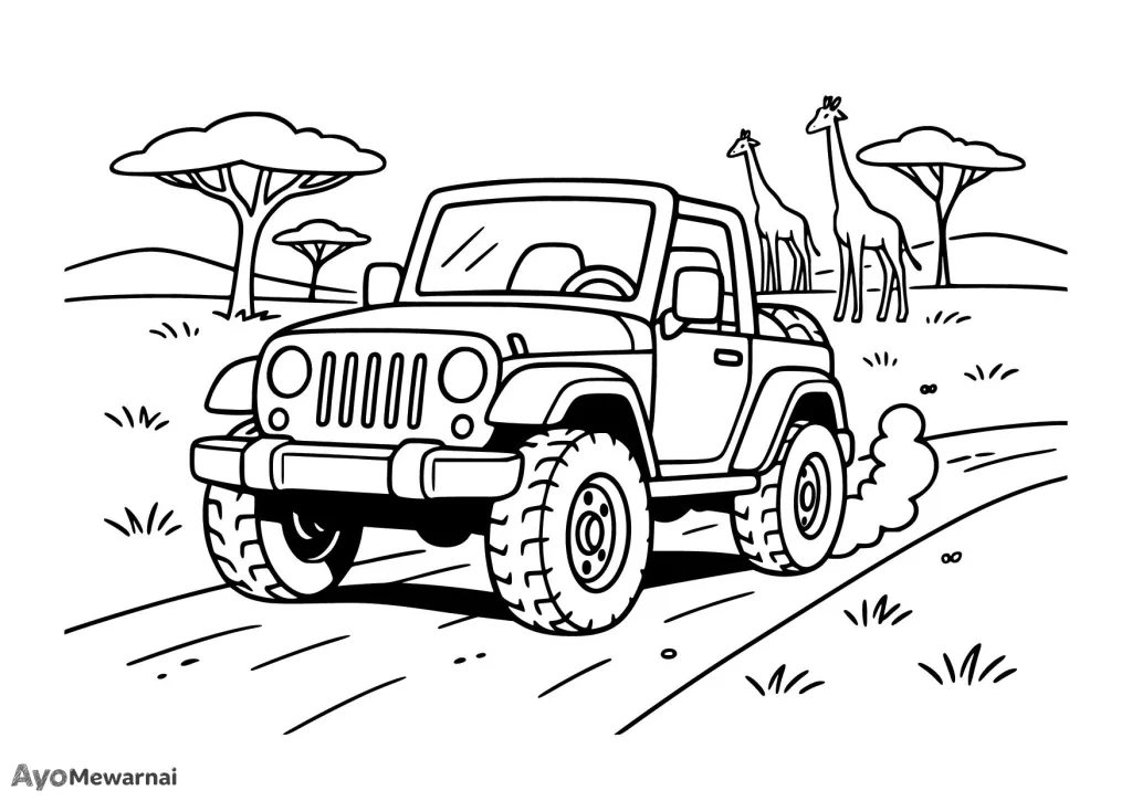Gambar Mewarnai Mobil Jeep di Padang Savana