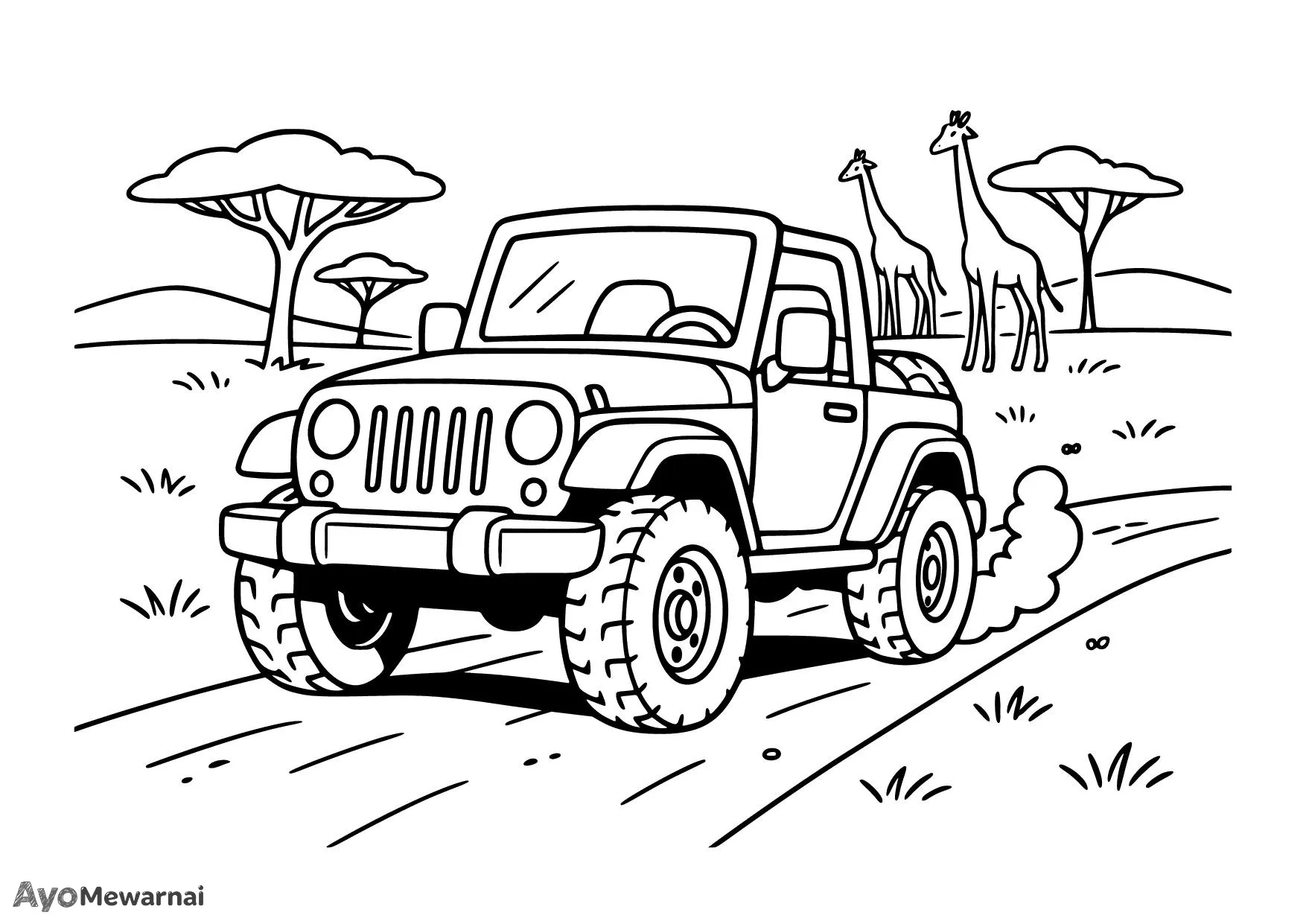 Gambar Mewarnai Mobil Jeep di Padang Savana