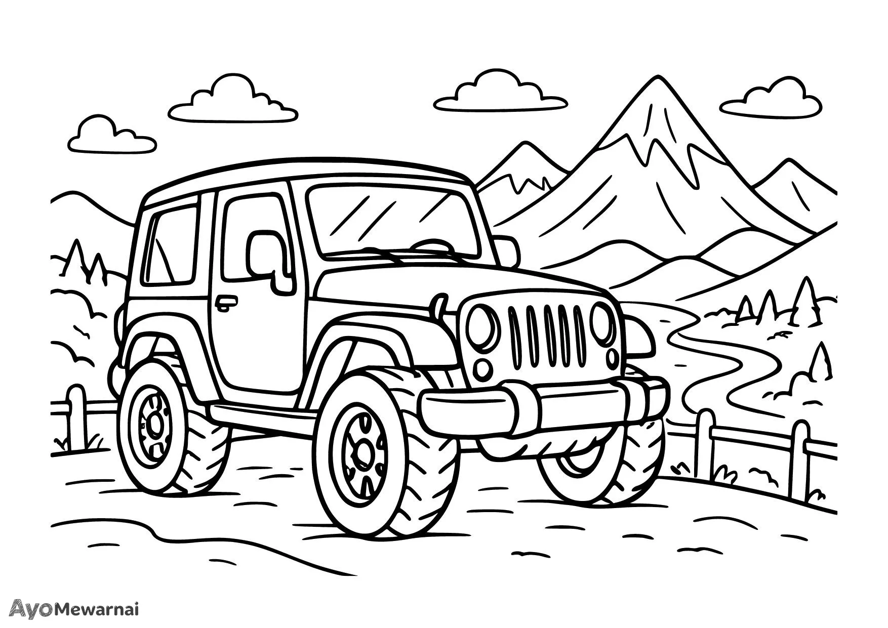 Gambar Mewarnai Mobil Jeep di Pemandangan Indah