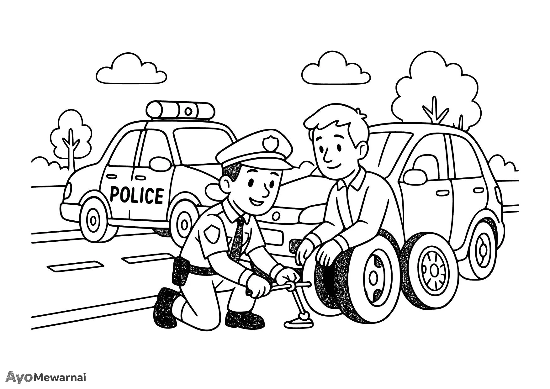 Gambar Mewarnai Mobil Polisi Membantu Warga