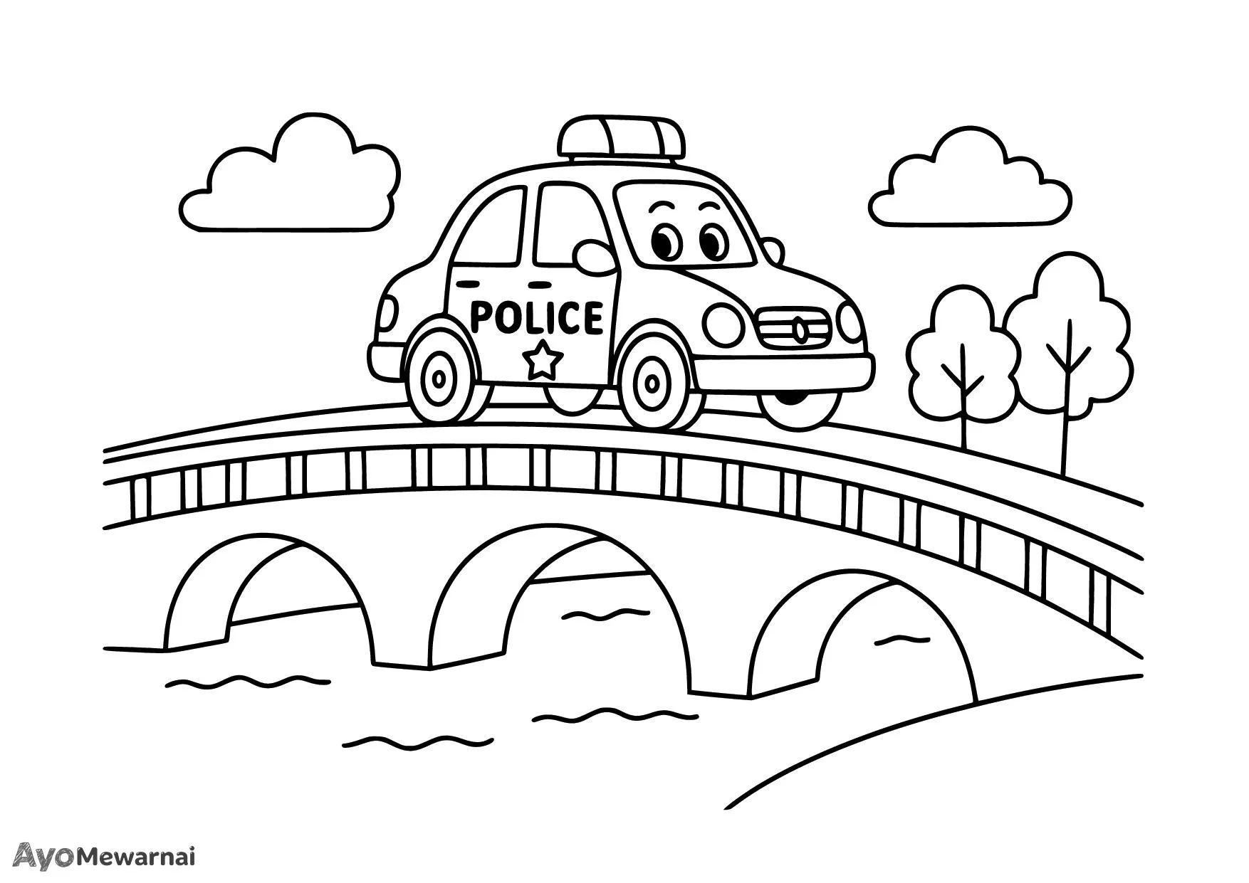 Gambar Mewarnai Mobil Polisi Menyeberang Jembatan