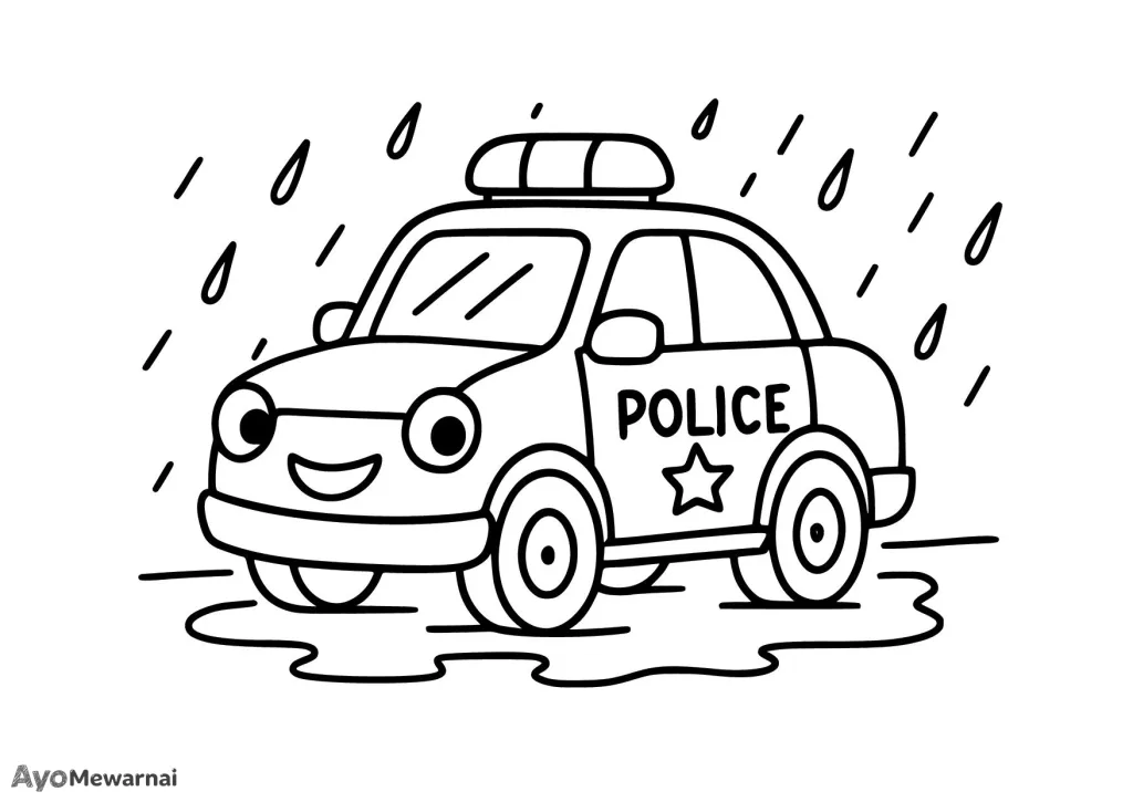 Gambar Mewarnai Mobil Polisi di Cuaca Hujan