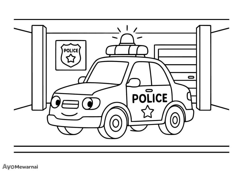 Gambar Mewarnai Mobil Polisi di Kantor Polisi