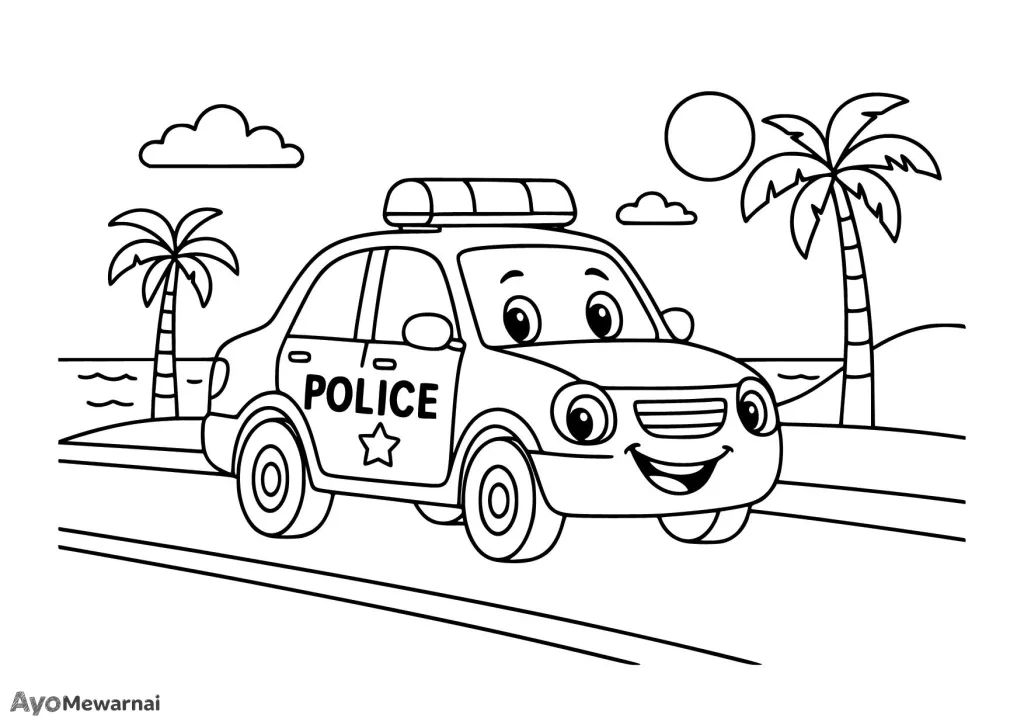 Gambar Mewarnai Mobil Polisi di Pantai