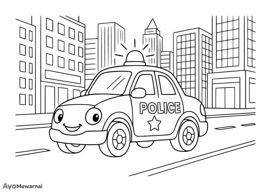Gambar Mewarnai Mobil Polisi di Pusat Kota