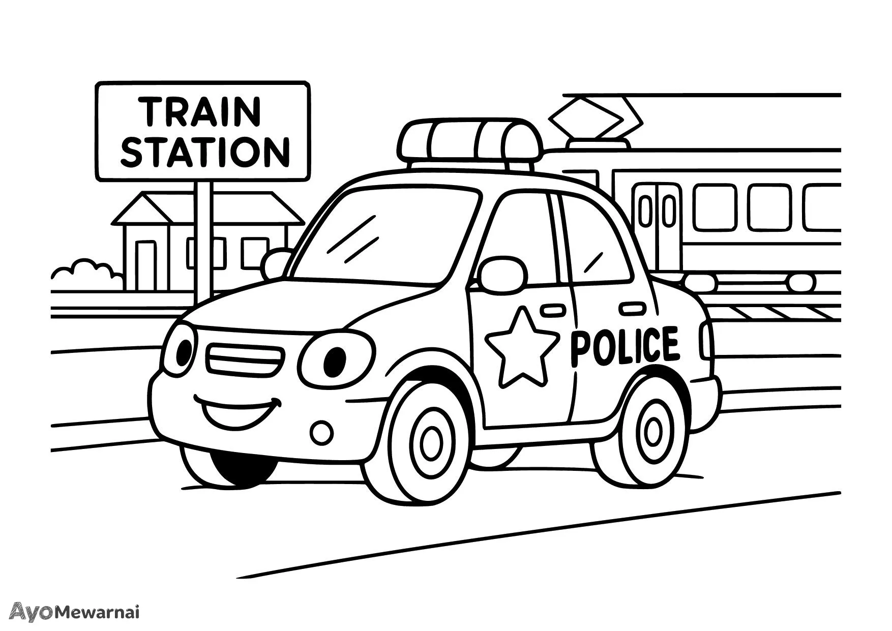 Gambar Mewarnai Mobil Polisi di Stasiun Kereta