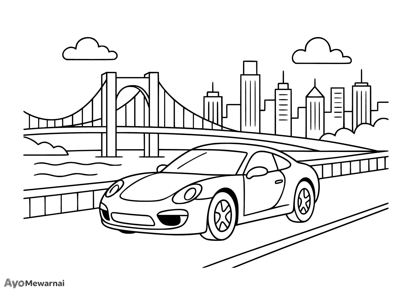Gambar Mewarnai Mobil Sport Melintasi Jembatan