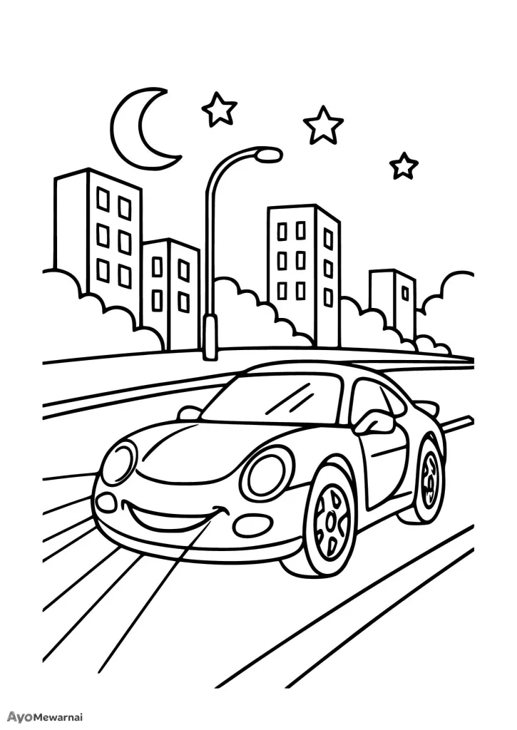 Gambar Mewarnai Mobil Sport di Malam Hari