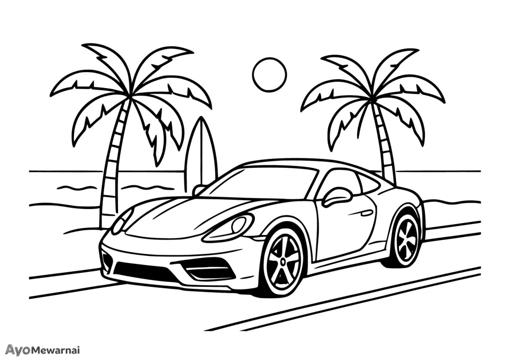 Gambar Mewarnai Mobil Sport di Pantai