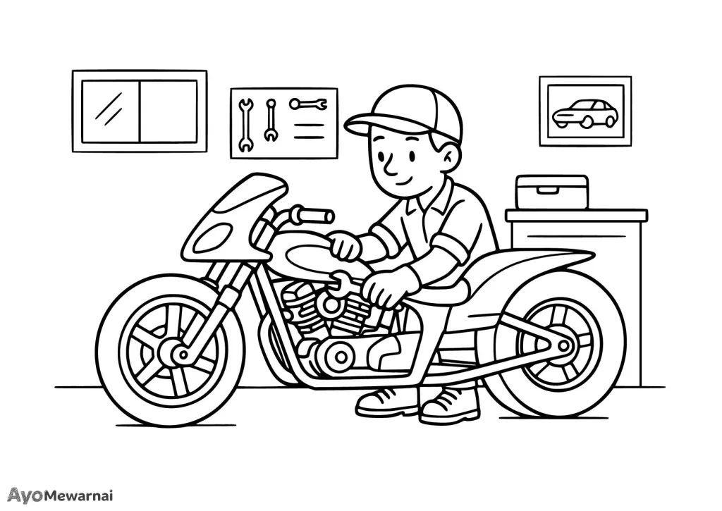 Gambar Mewarnai Motor Drag di Bengkel