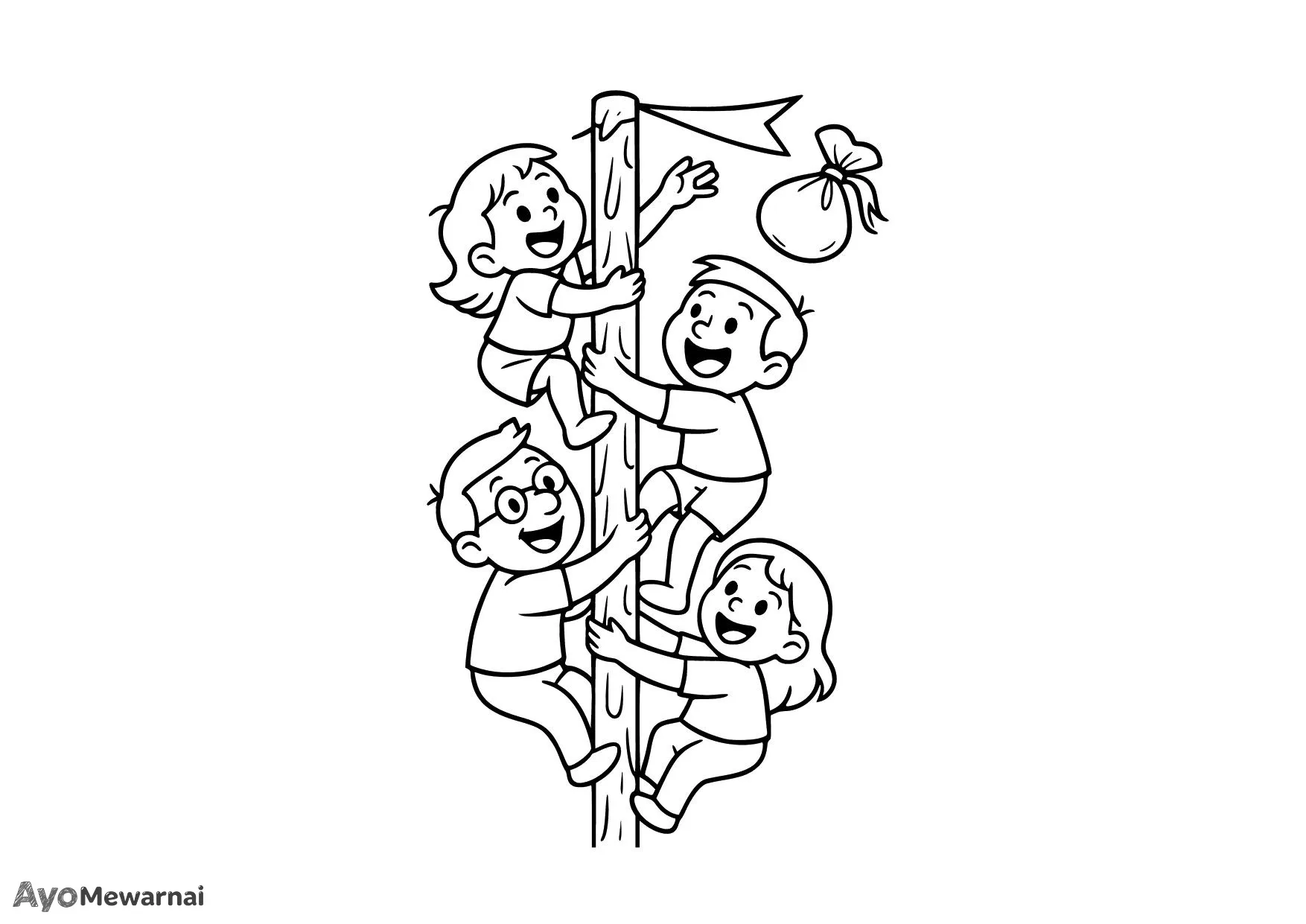 Gambar Mewarnai Perlombaan Panjat Pinang