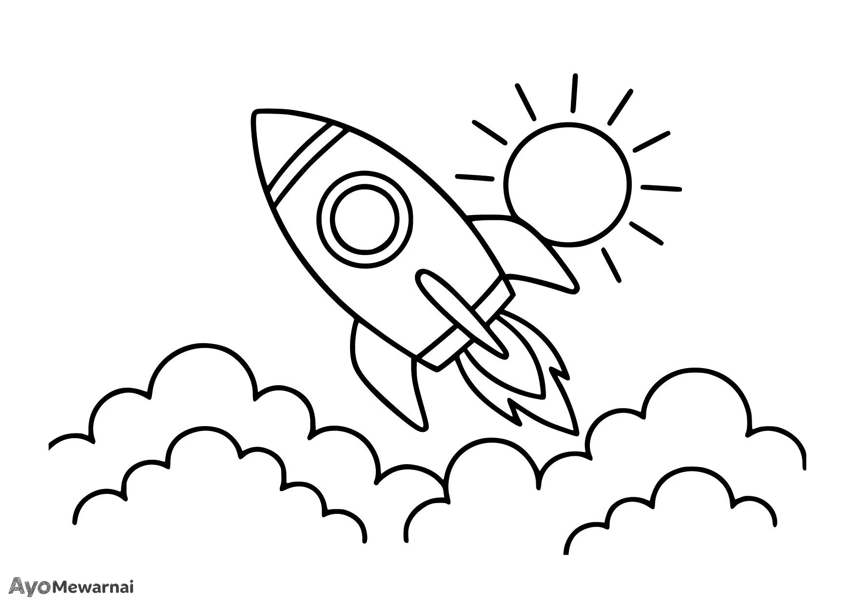 Gambar Mewarnai Roket Terbang di Atas Awan