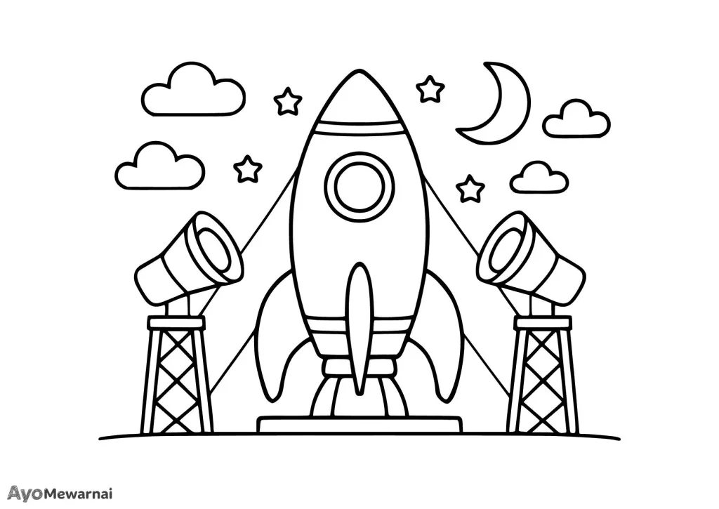 Gambar Mewarnai Roket di Malam Hari