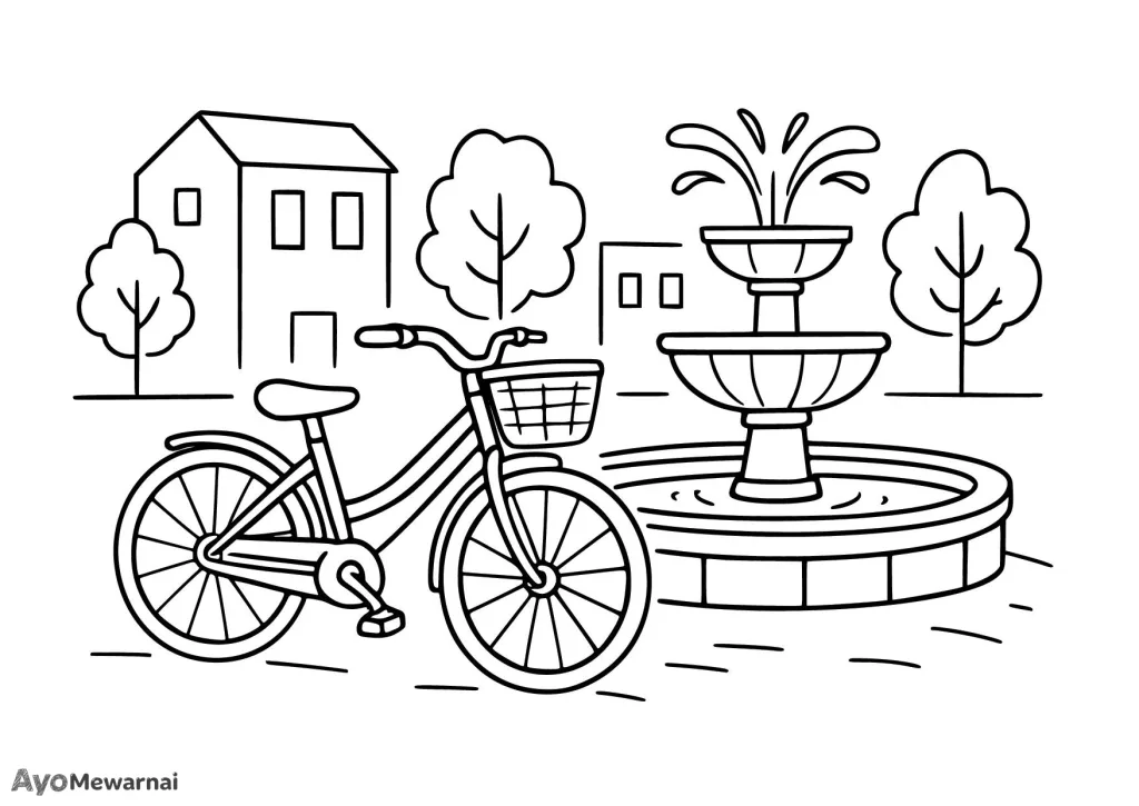Gambar Mewarnai Sepeda Berhenti di Air Mancur