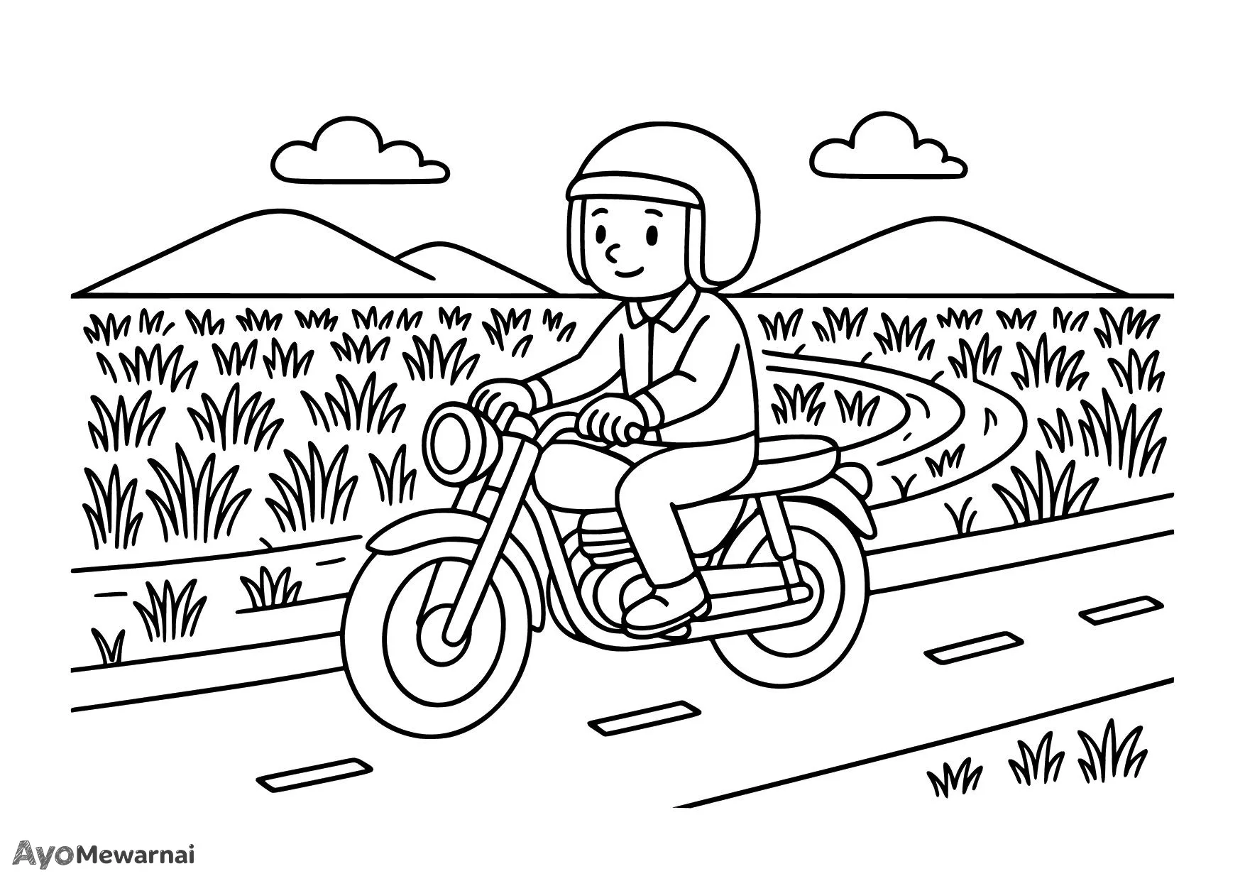 Gambar Mewarnai Sepeda Motor Melewati Sawah