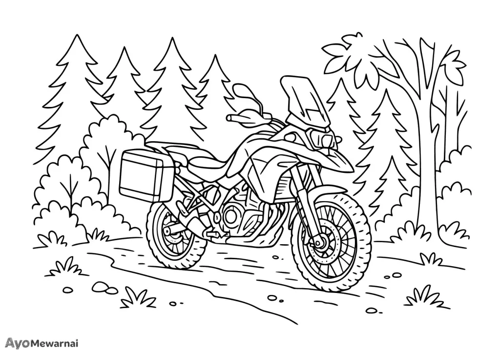 Gambar Mewarnai Sepeda Motor di Hutan