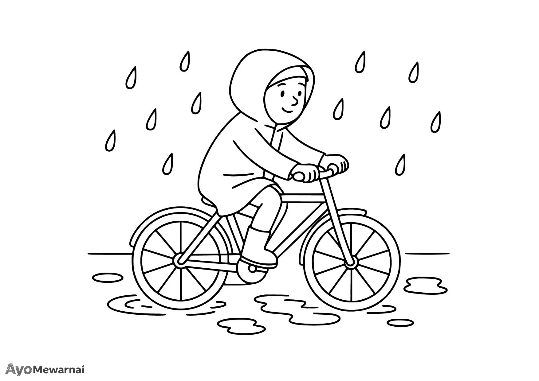 Gambar Mewarnai Sepeda di Bawah Hujan