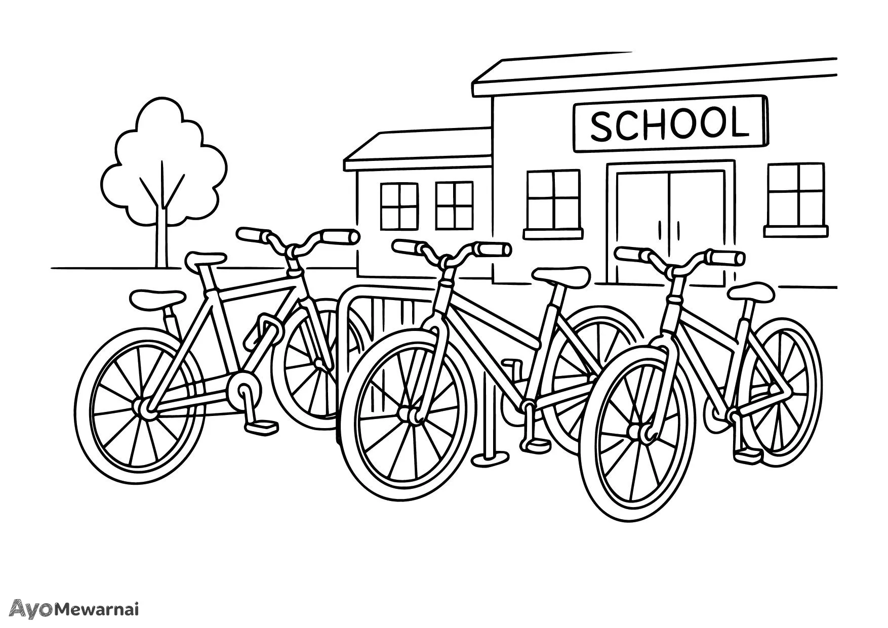 Gambar Mewarnai Sepeda di Samping Sekolah