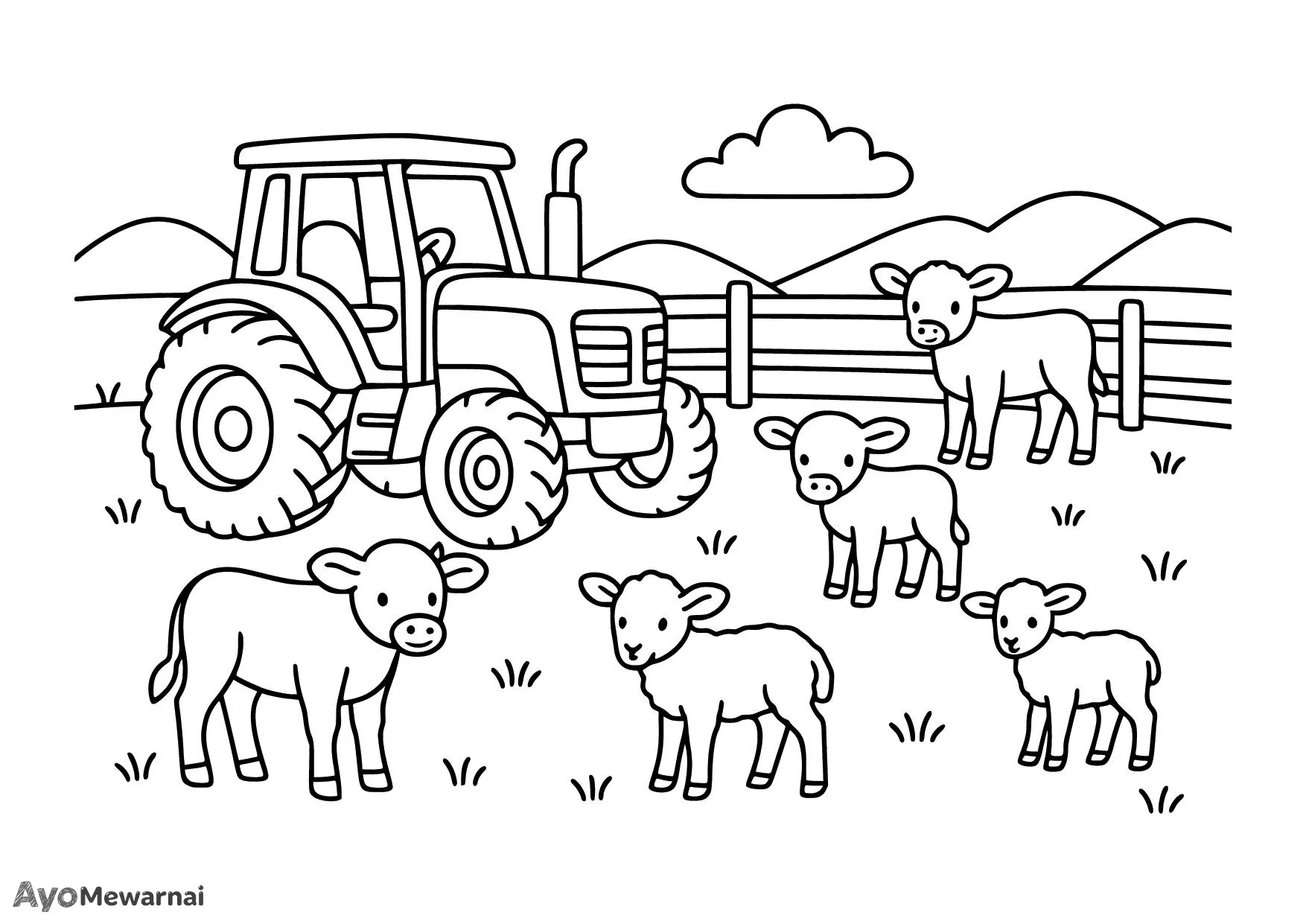 Gambar Mewarnai Traktor dan Anak Sapi