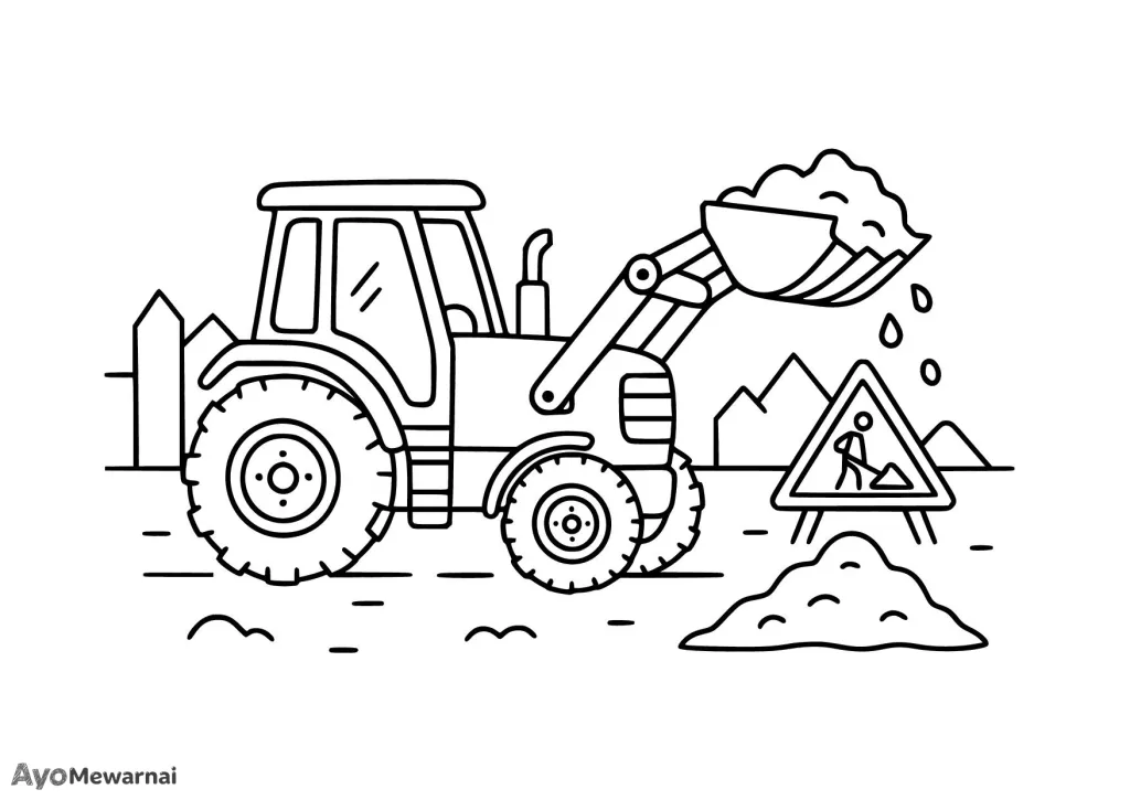 Gambar Mewarnai Traktor di Area Konstruksi