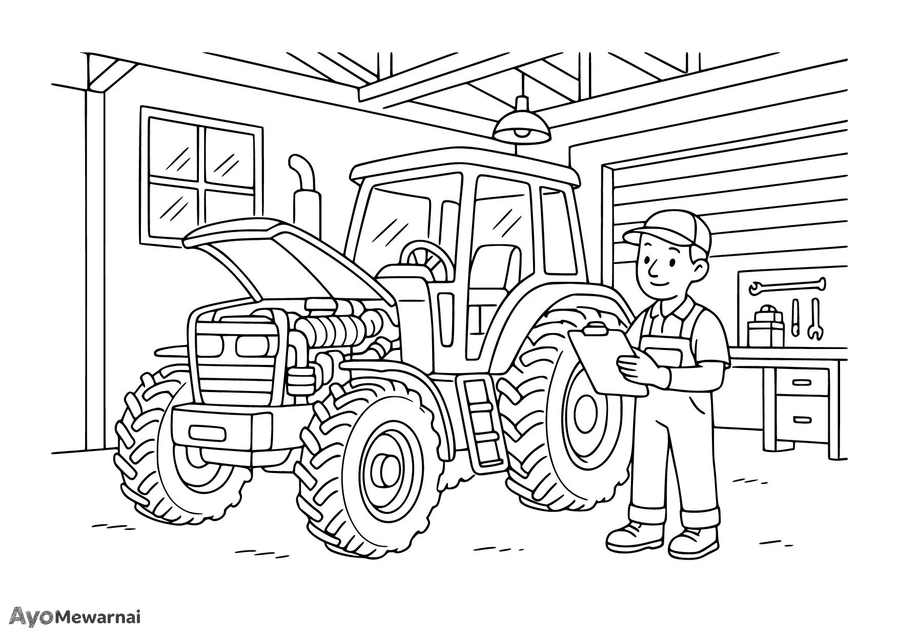 Gambar Mewarnai Traktor di Bengkel Pertanian