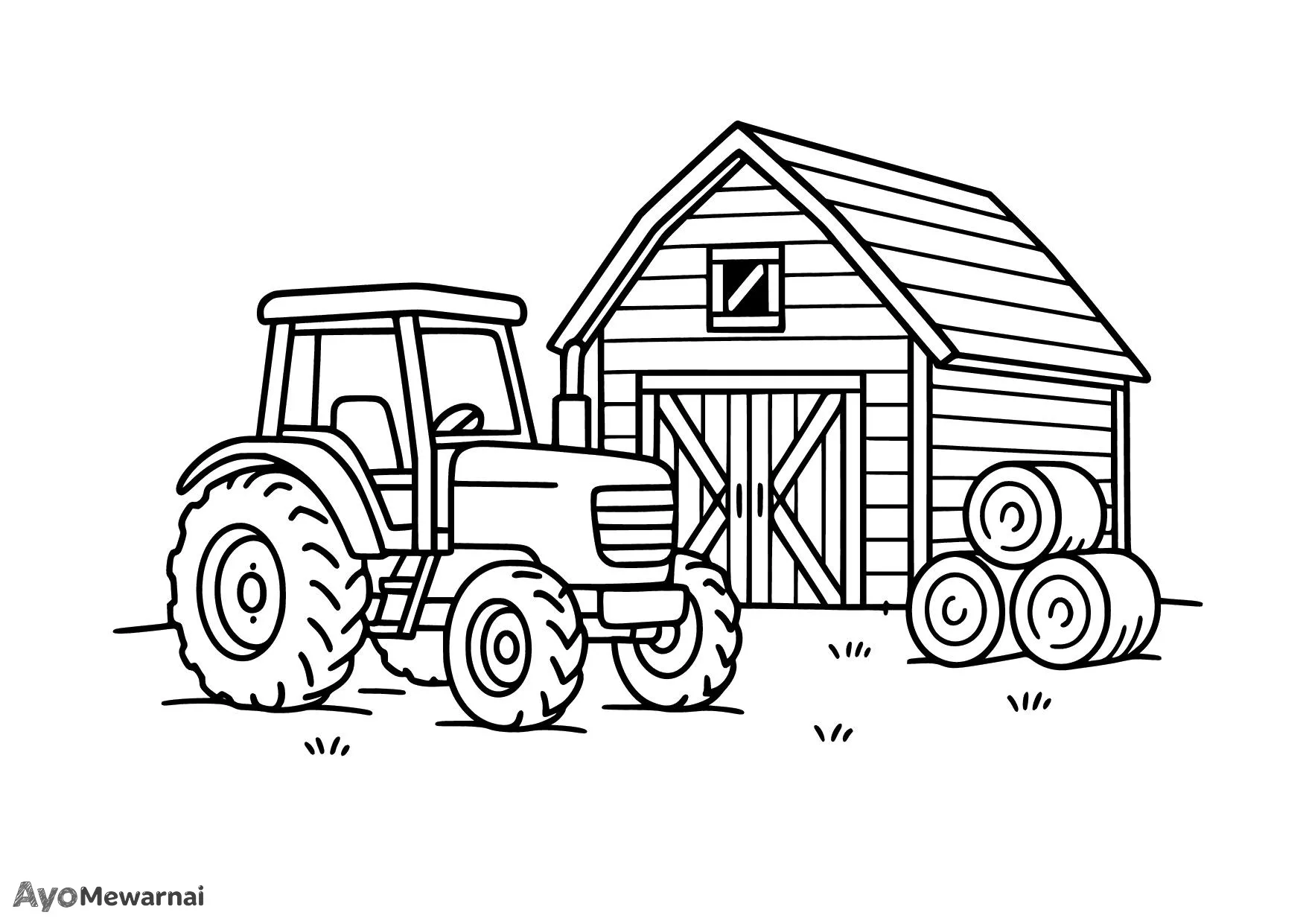 Gambar Mewarnai Traktor di Depan Lumbung
