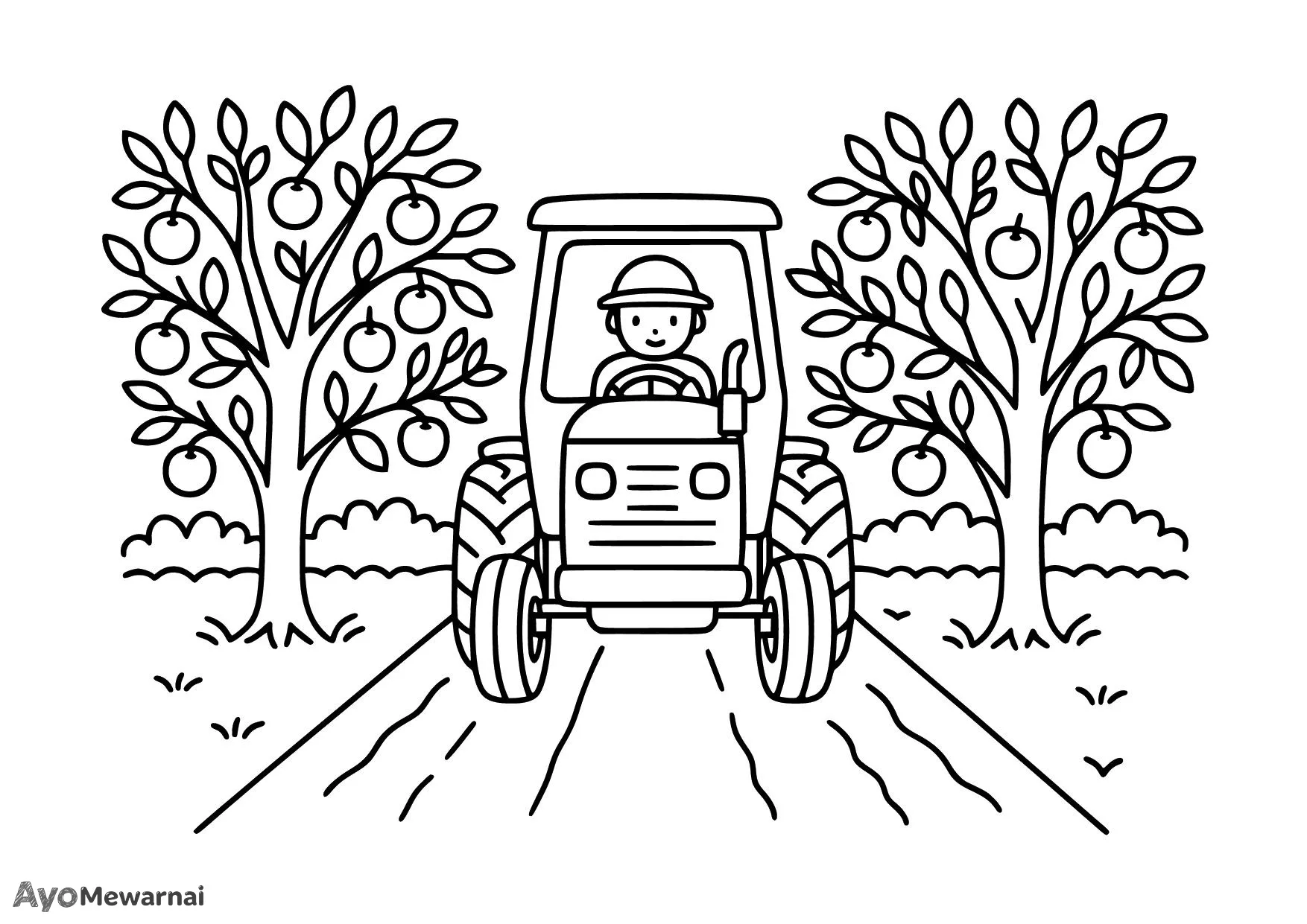 Gambar Mewarnai Traktor di Kebun Buah
