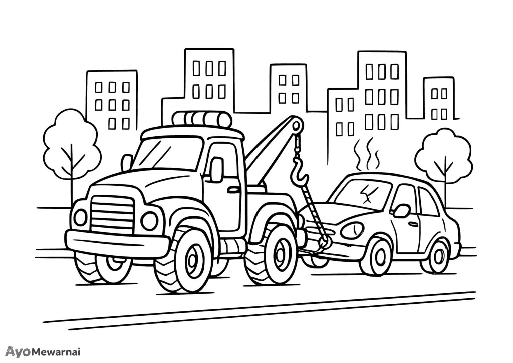 Gambar Mewarnai Truk Derek di Jalan Raya