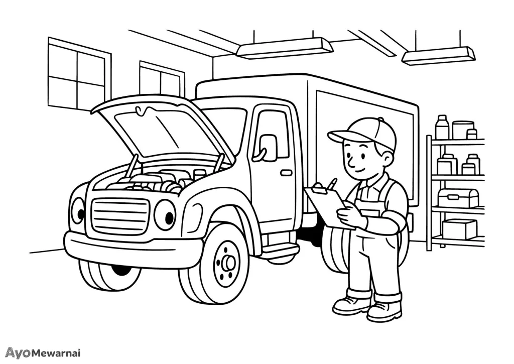 Gambar Mewarnai Truk Diperbaiki di Bengkel