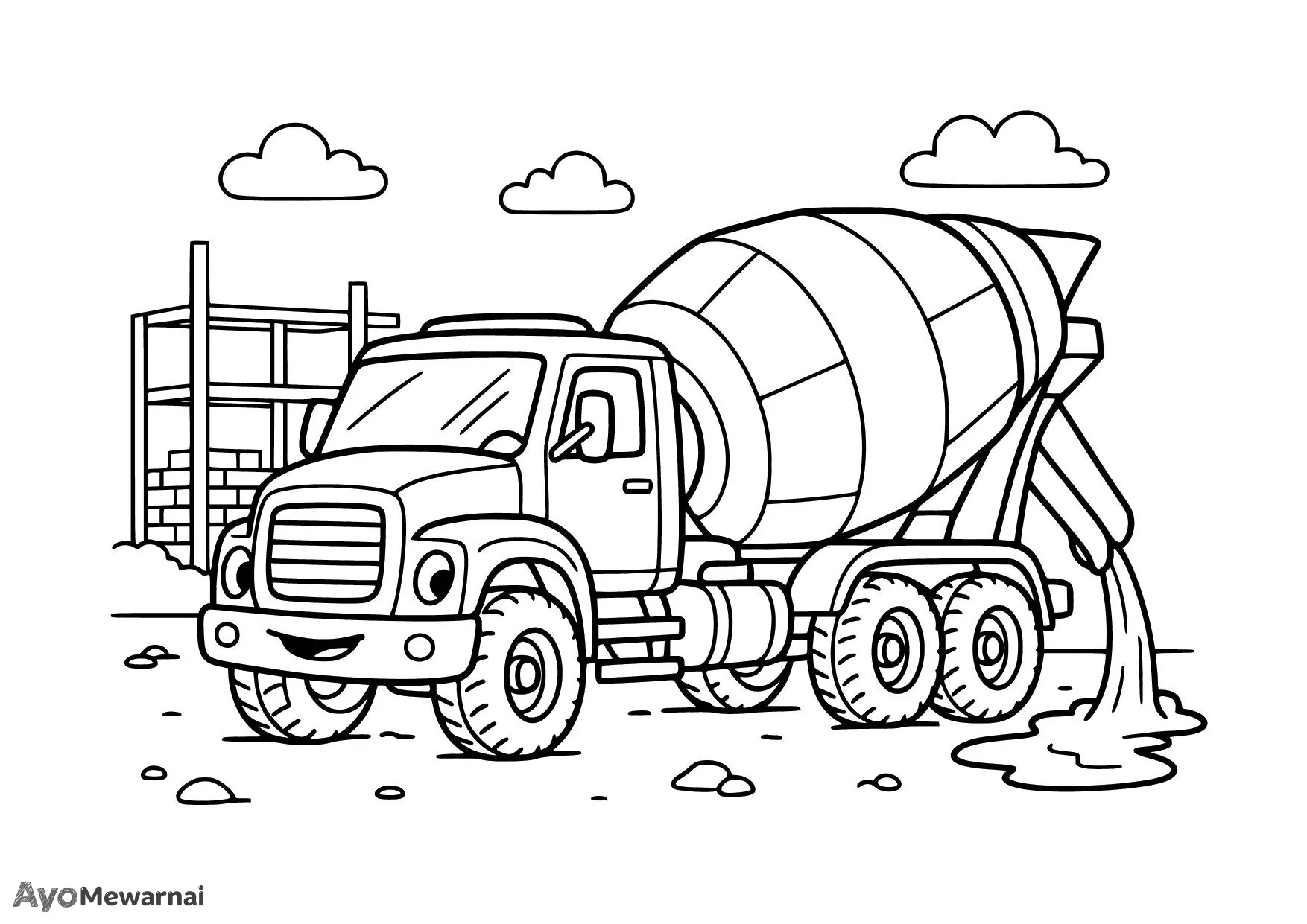 Gambar Mewarnai Truk Molen di Lokasi Konstruksi