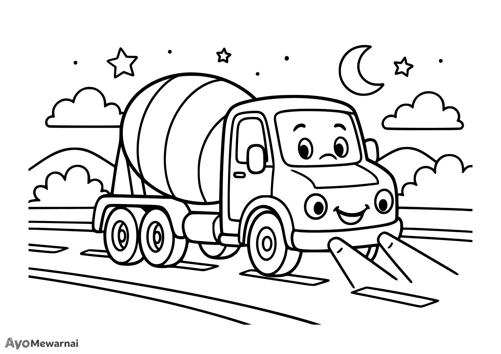 Gambar Mewarnai Truk Molen di Malam Hari