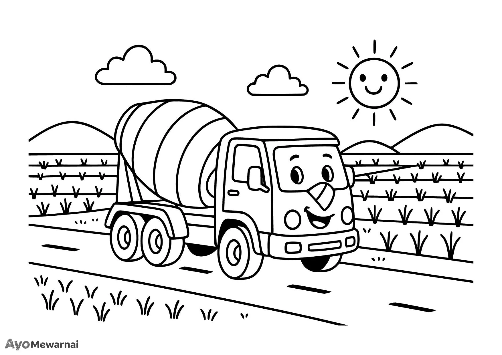 Gambar Mewarnai Truk Molen di Sawah