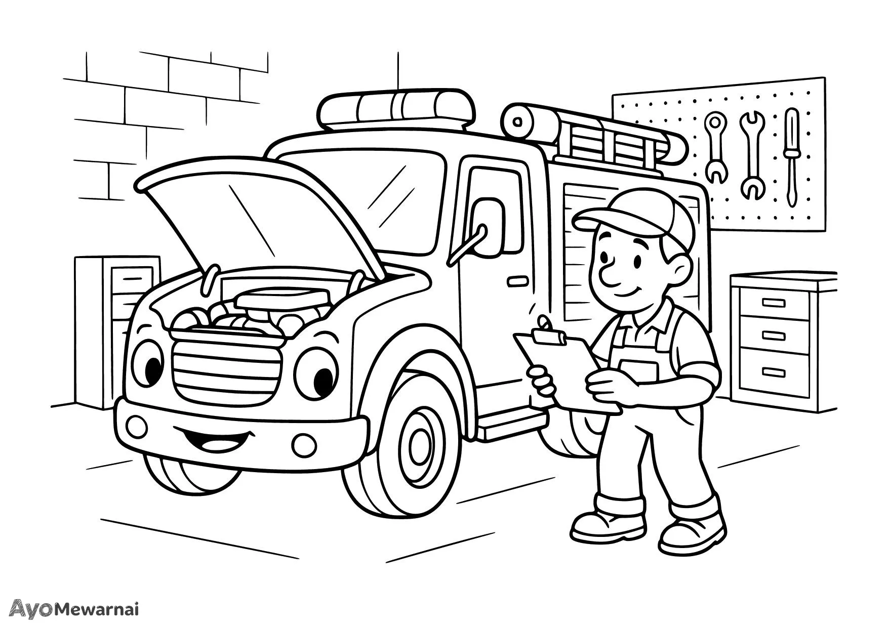 Gambar Mewarnai Truk Pemadam Kebakaran Sedang Diservis