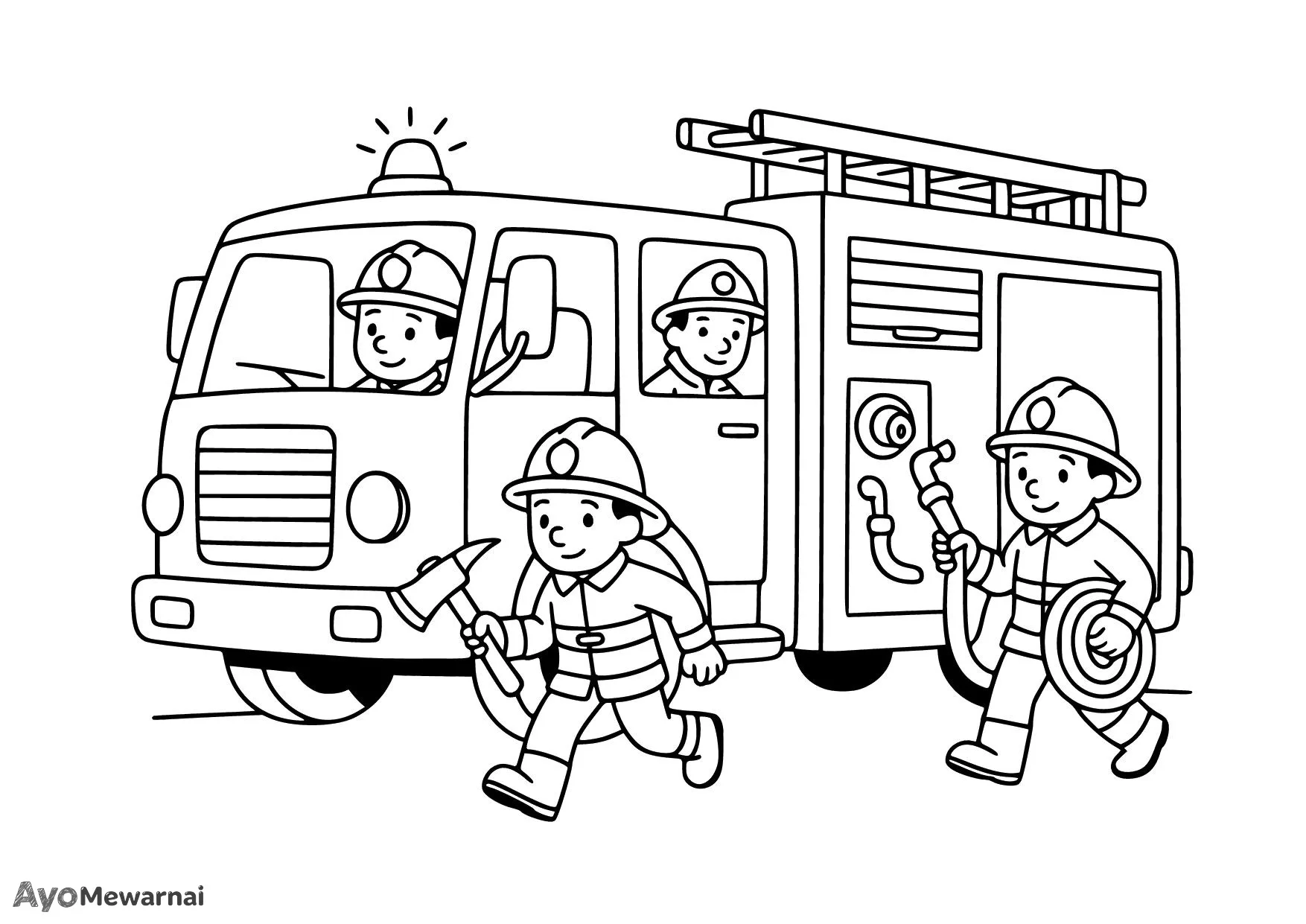 Gambar Mewarnai Truk Pemadam Kebakaran dan Petugas