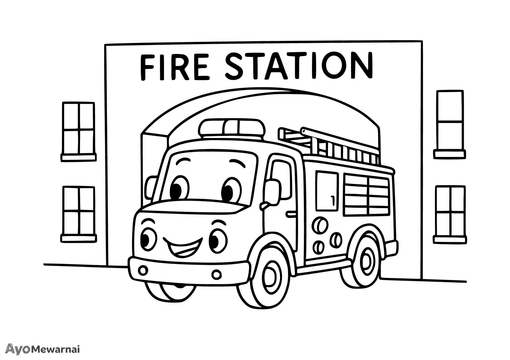 Gambar Mewarnai Truk Pemadam Kebakaran di Bawah Gerbang