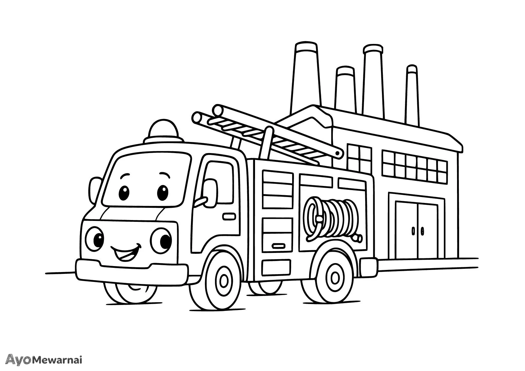 Gambar Mewarnai Truk Pemadam Kebakaran di Pabrik