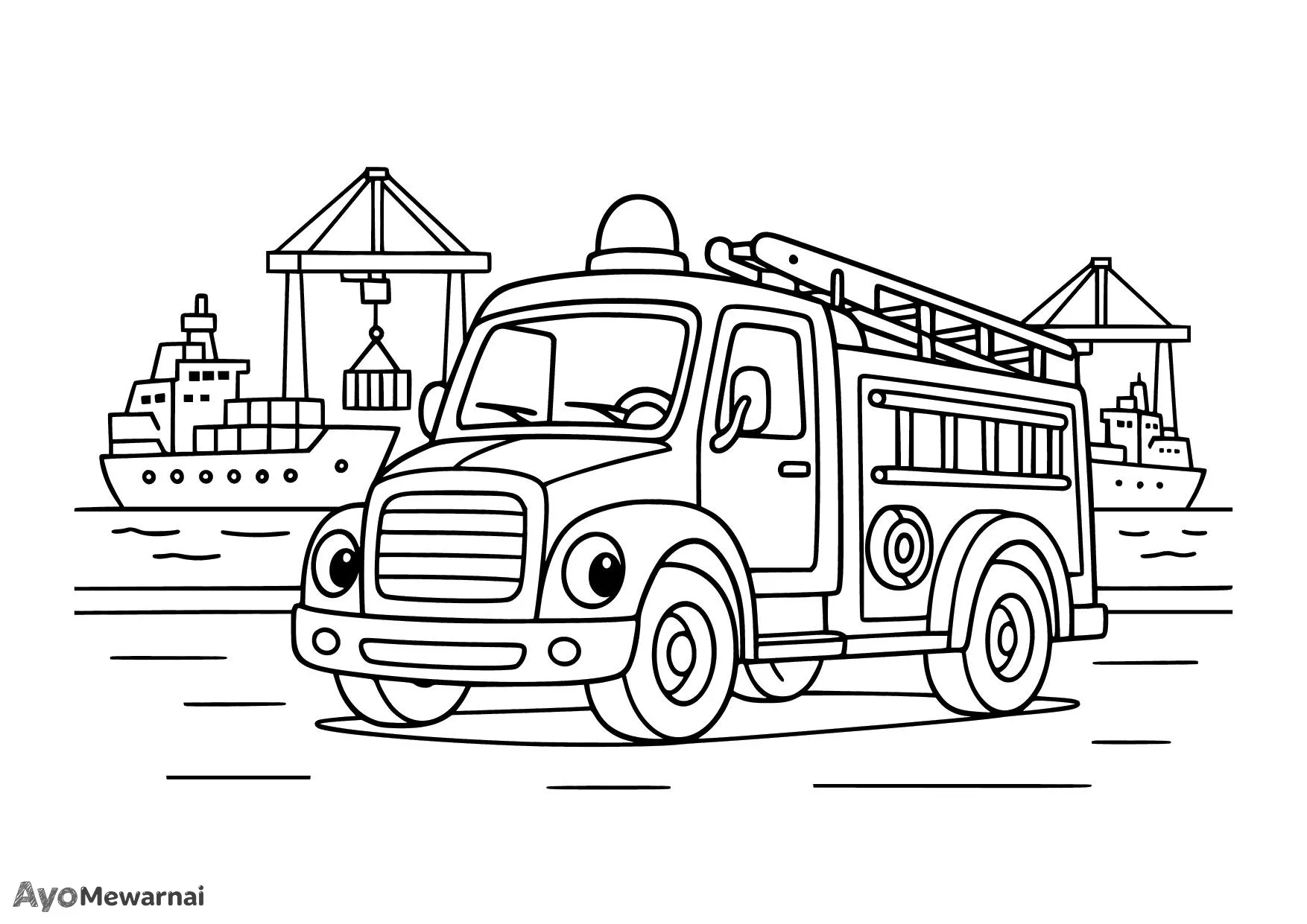 Gambar Mewarnai Truk Pemadam Kebakaran di Pelabuhan