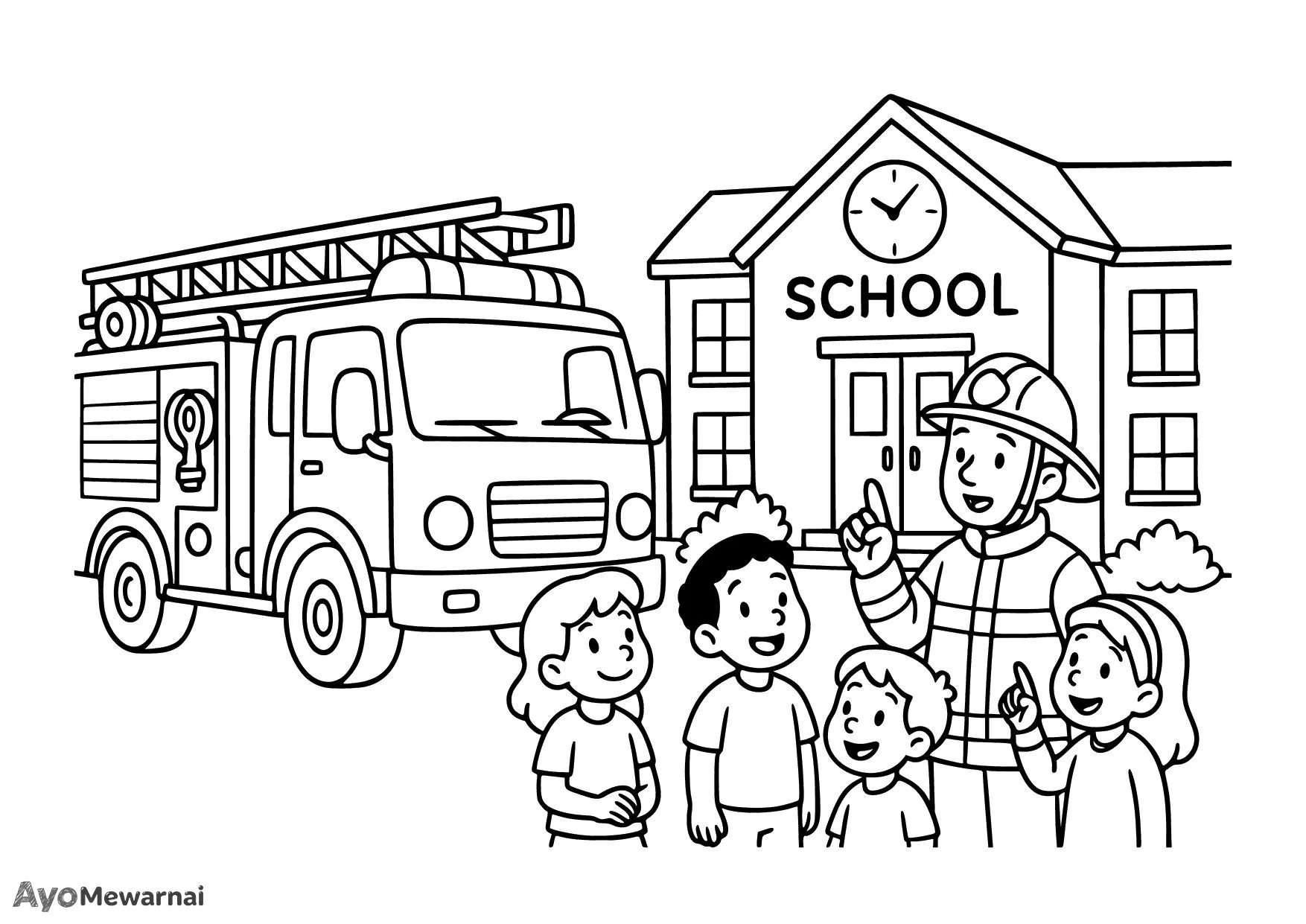 Gambar Mewarnai Truk Pemadam Kebakaran di Sekolah