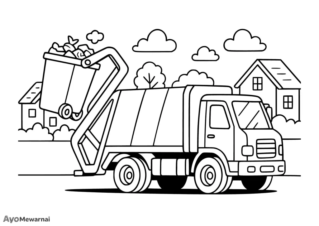 Gambar Mewarnai Truk Sampah di Lingkungan Perumahan