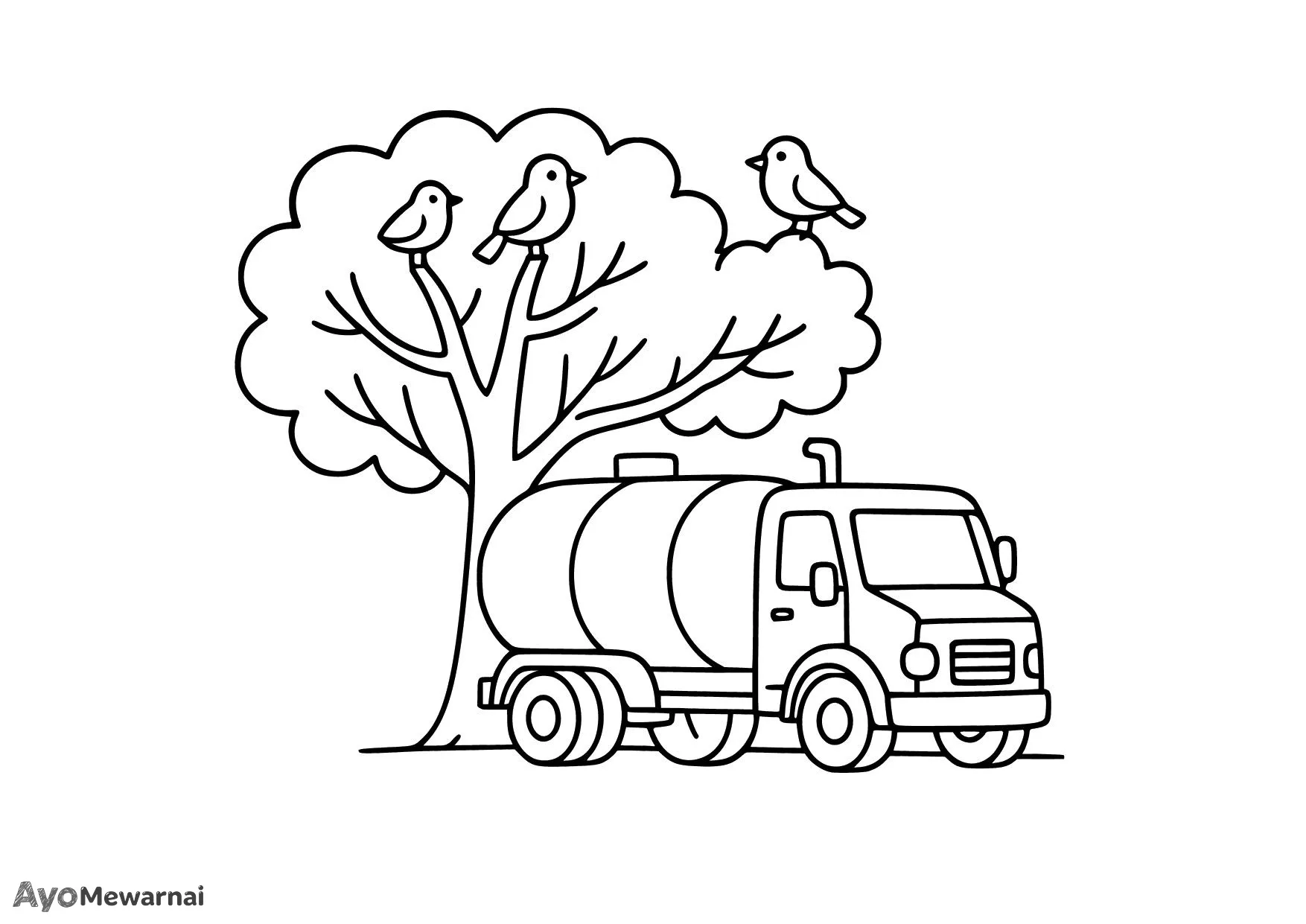 Gambar Mewarnai Truk Tangki di Bawah Pohon