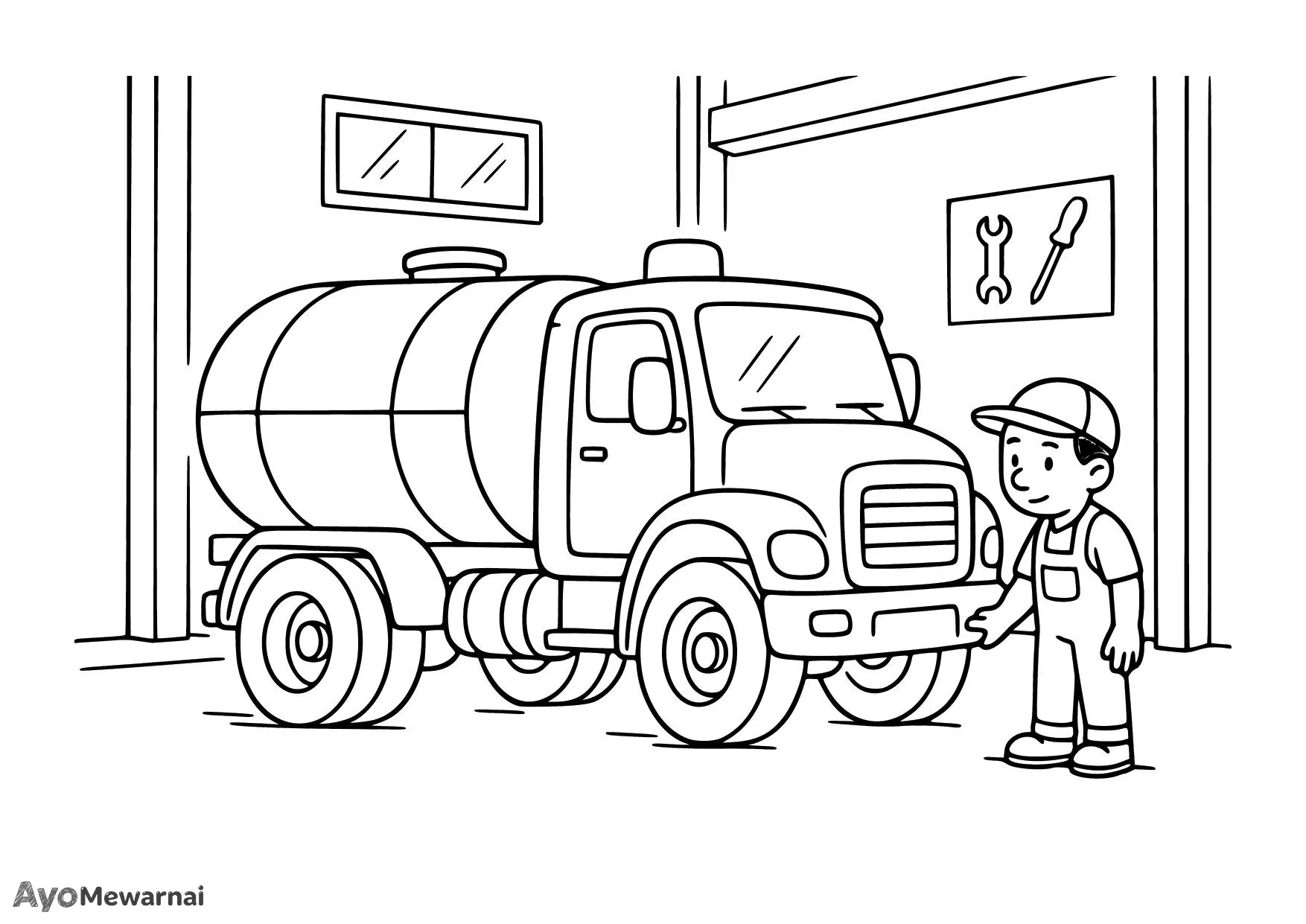 Gambar Mewarnai Truk Tangki di Bengkel